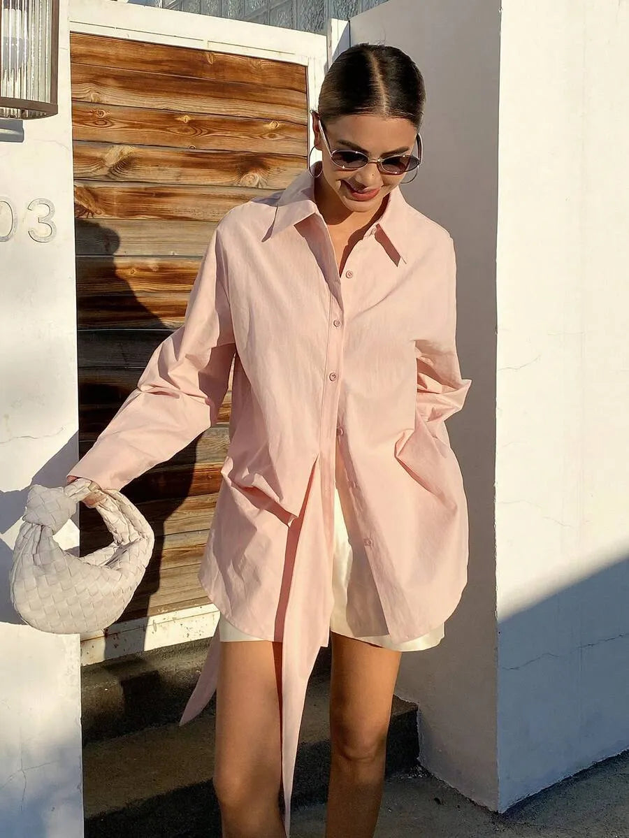 SHEIN X GALILEA Livesso بلوزة نسائية وردية أنيقة بحزام خصر وأكمام طويلة