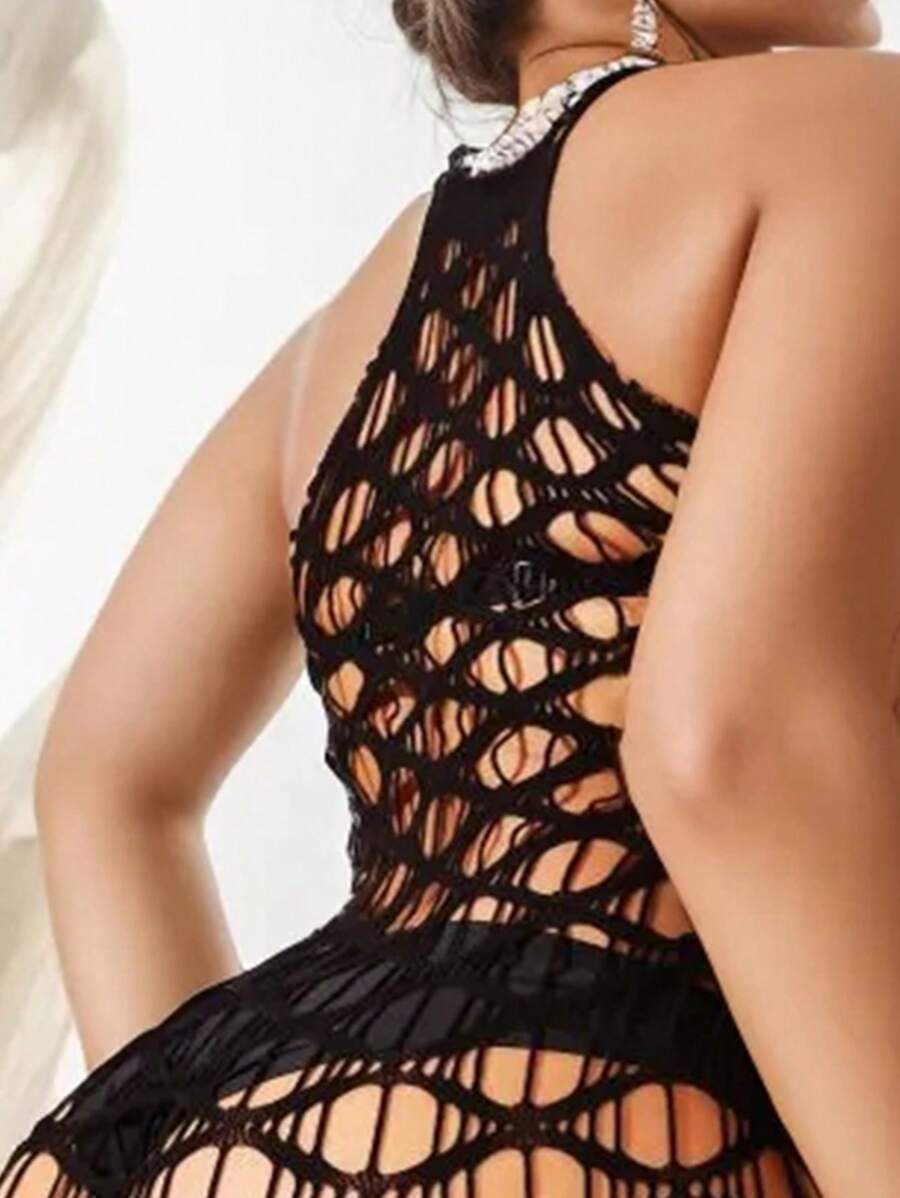 SHEIN فستان شبكي شفاف ومفرغ بلون أسود