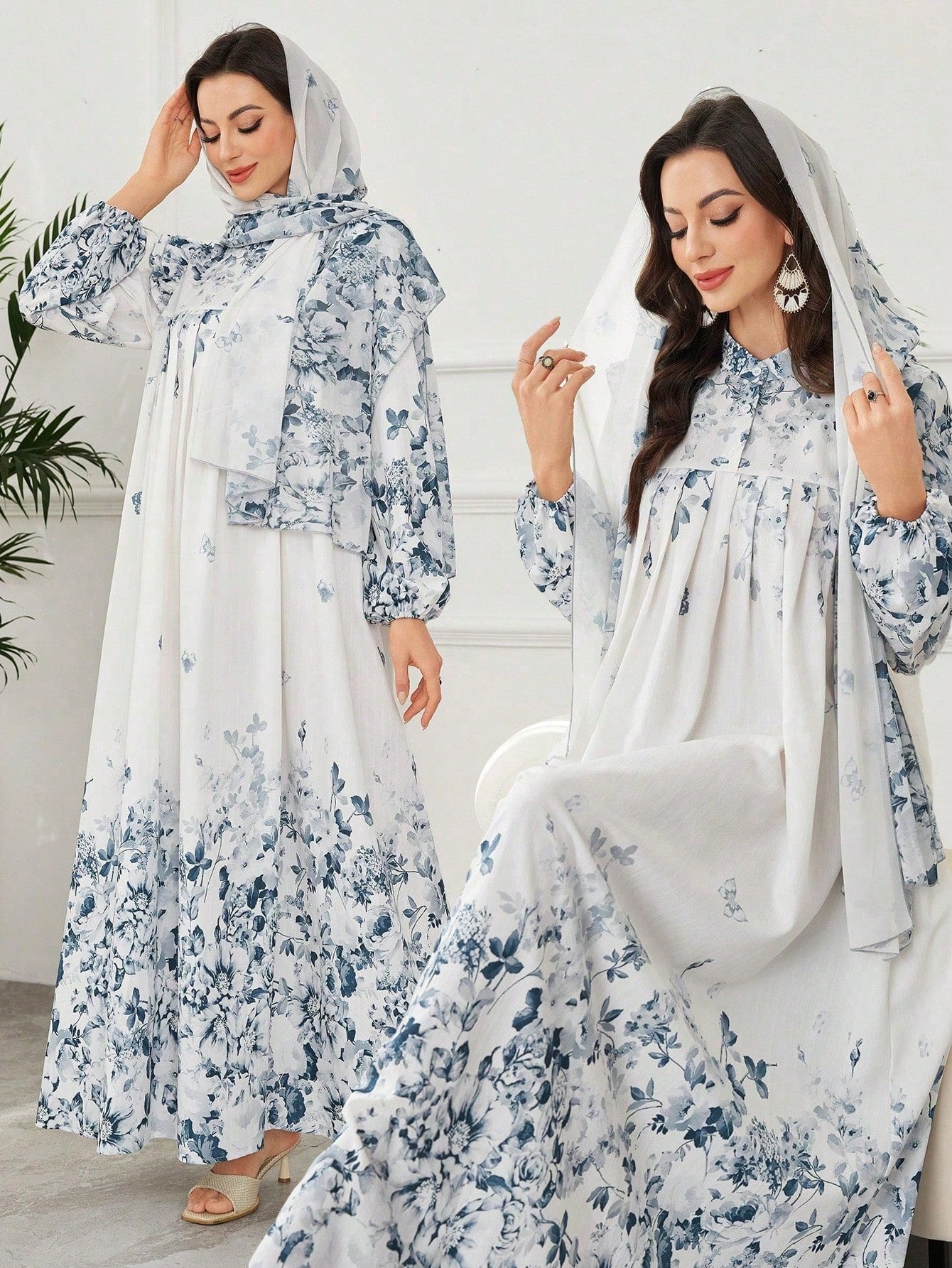 SHEIN Al Najma فستان بطبعة ورد مع وشاح رأس