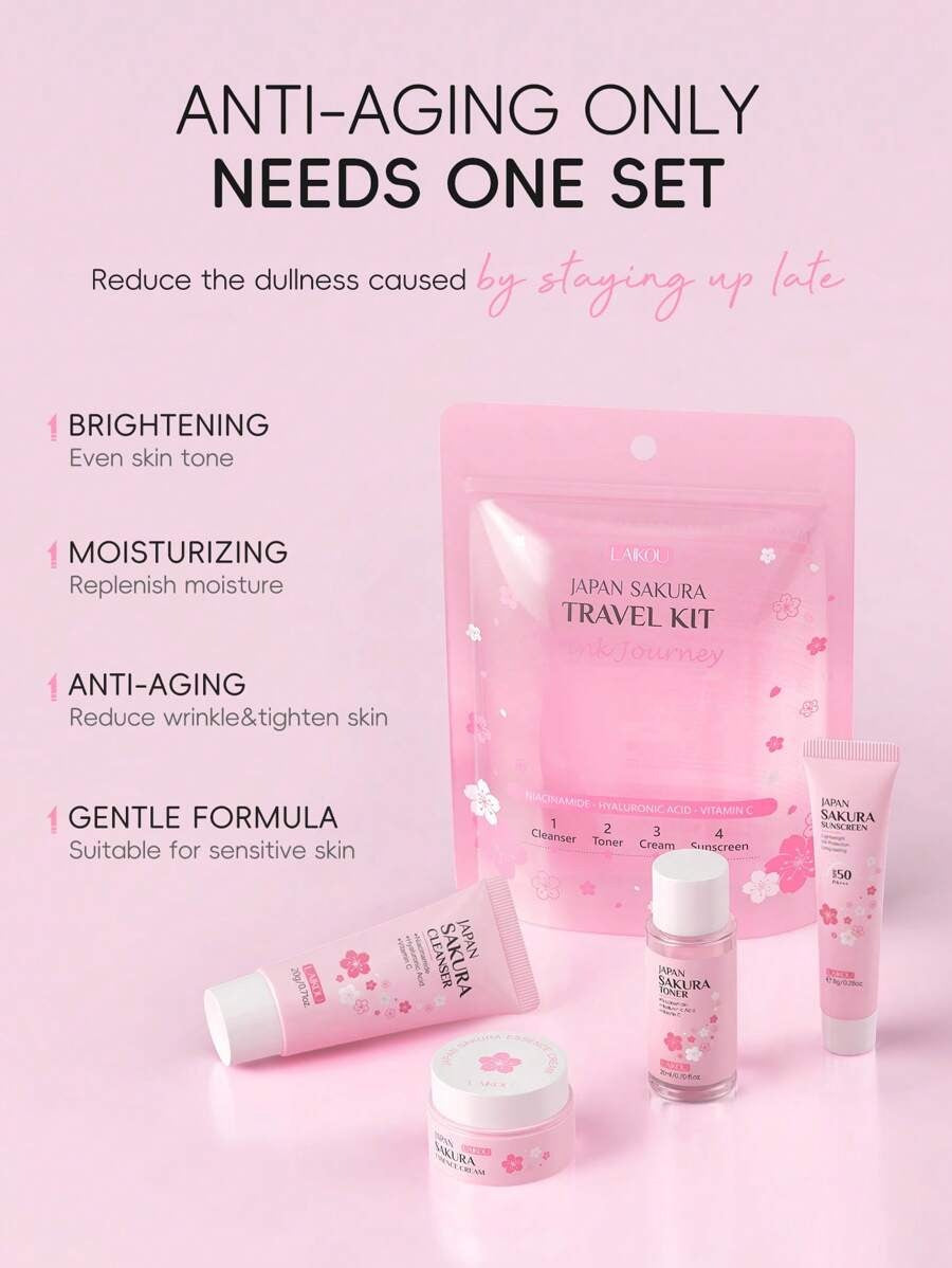 LAIKOU مجموعة عناية بالبشرة 4 قطع بزهر الكرز تشمل واقي شمس وكريم ومنظف