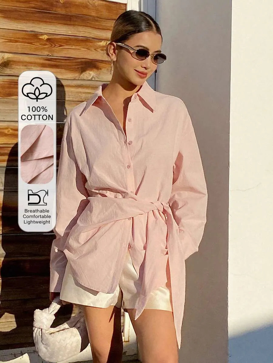 SHEIN X GALILEA Livesso بلوزة نسائية وردية أنيقة بحزام خصر وأكمام طويلة