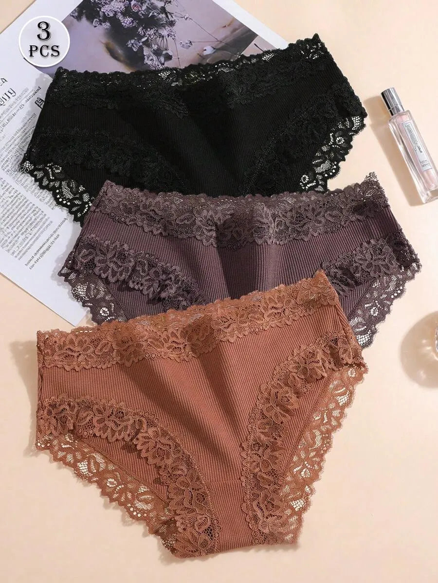 SHEIN سراويل داخلية نسائية من 3 قطع بخصر عالٍ من القطن المضلع مع دانتيل متعدد الألوان