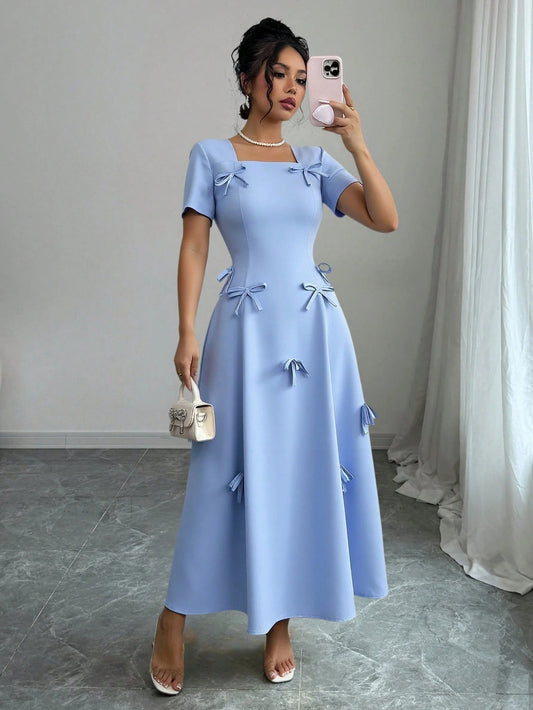 SHEIN Rafferiza فستان ماكسي أزرق بأكمام قصيرة وياقة مربعة وزخرفة فيونكة