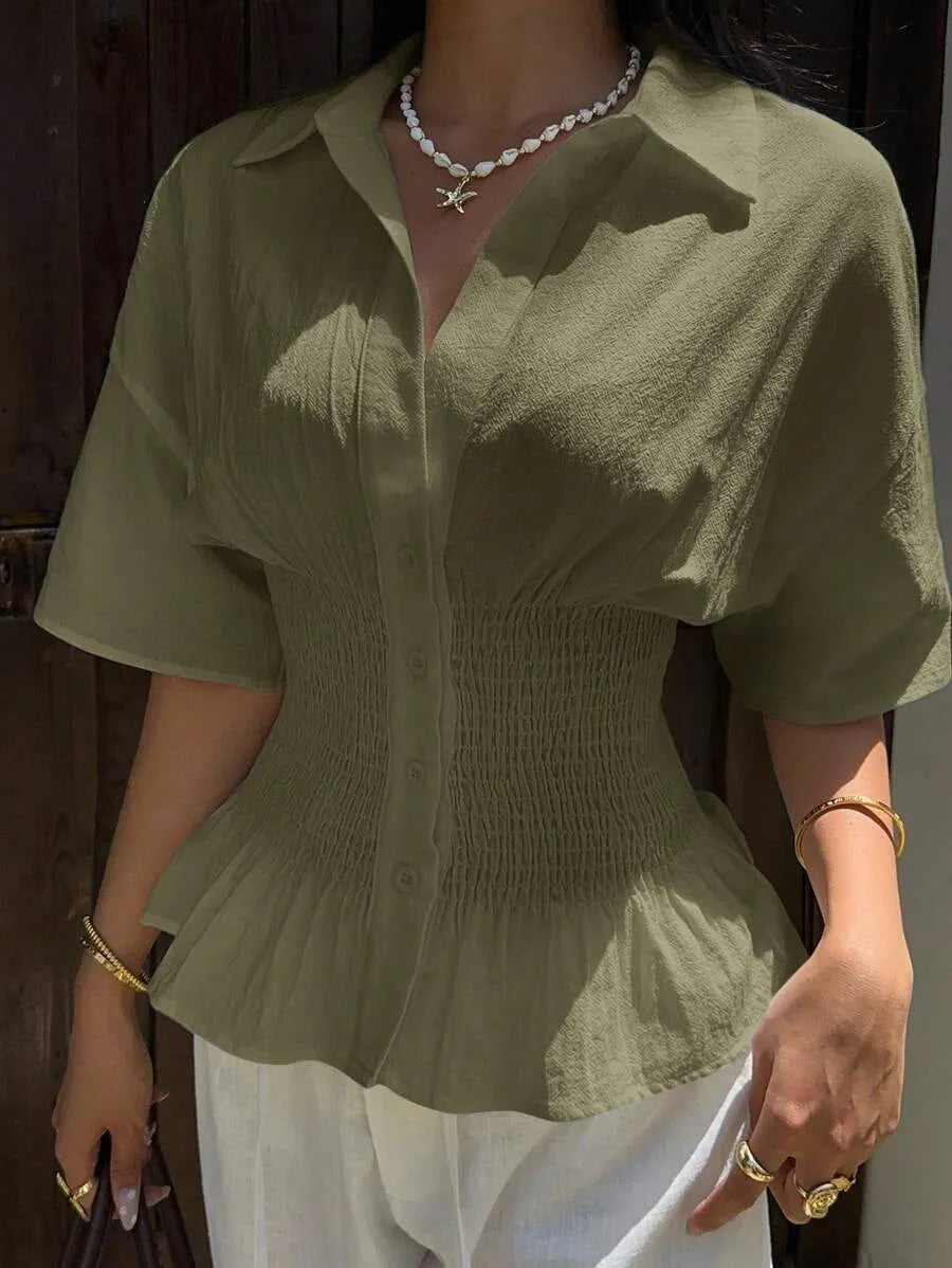 SHEIN EZwear بلوزة نسائية كاجوال أخضر زيتوني بأكمام قصيرة وخصر مطوي