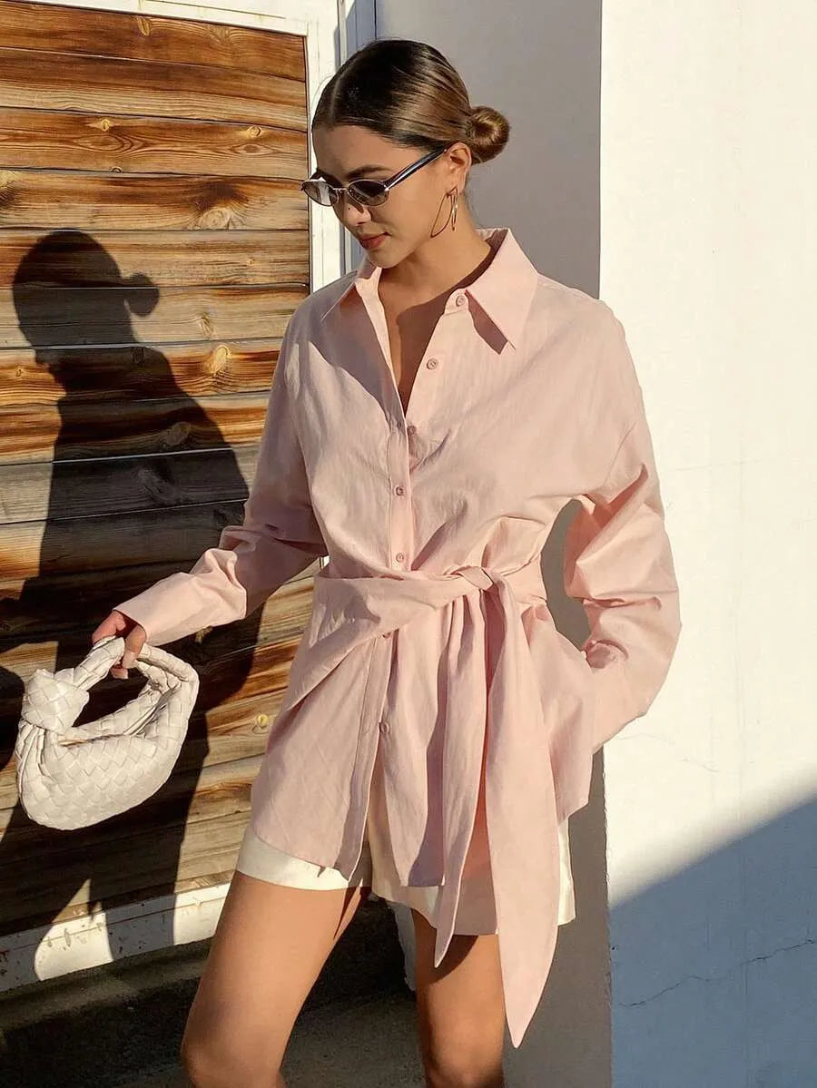 SHEIN X GALILEA Livesso بلوزة نسائية وردية أنيقة بحزام خصر وأكمام طويلة