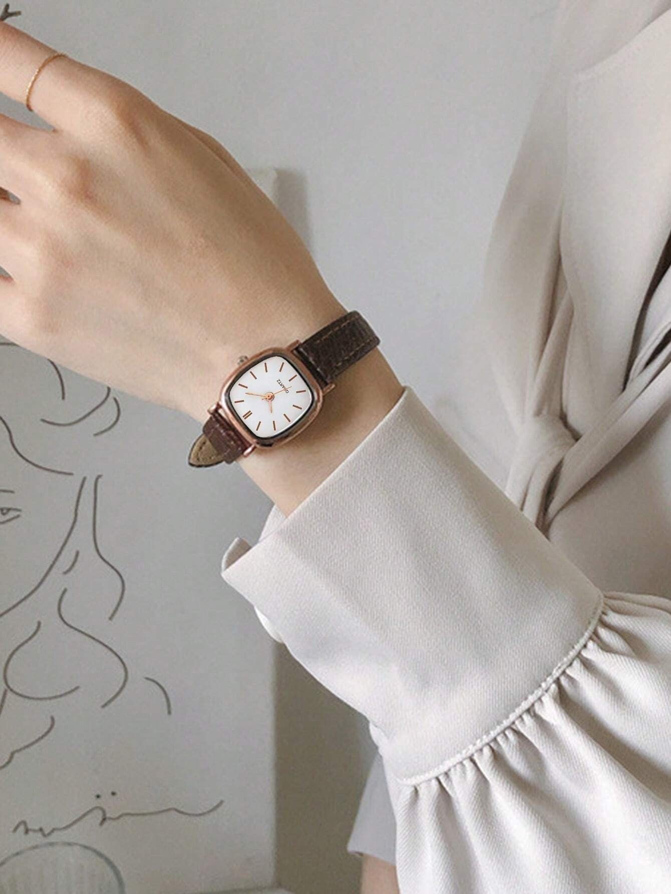 SHEIN ساعة نسائية كوارتز مربعة بسوار جلد كاجوال