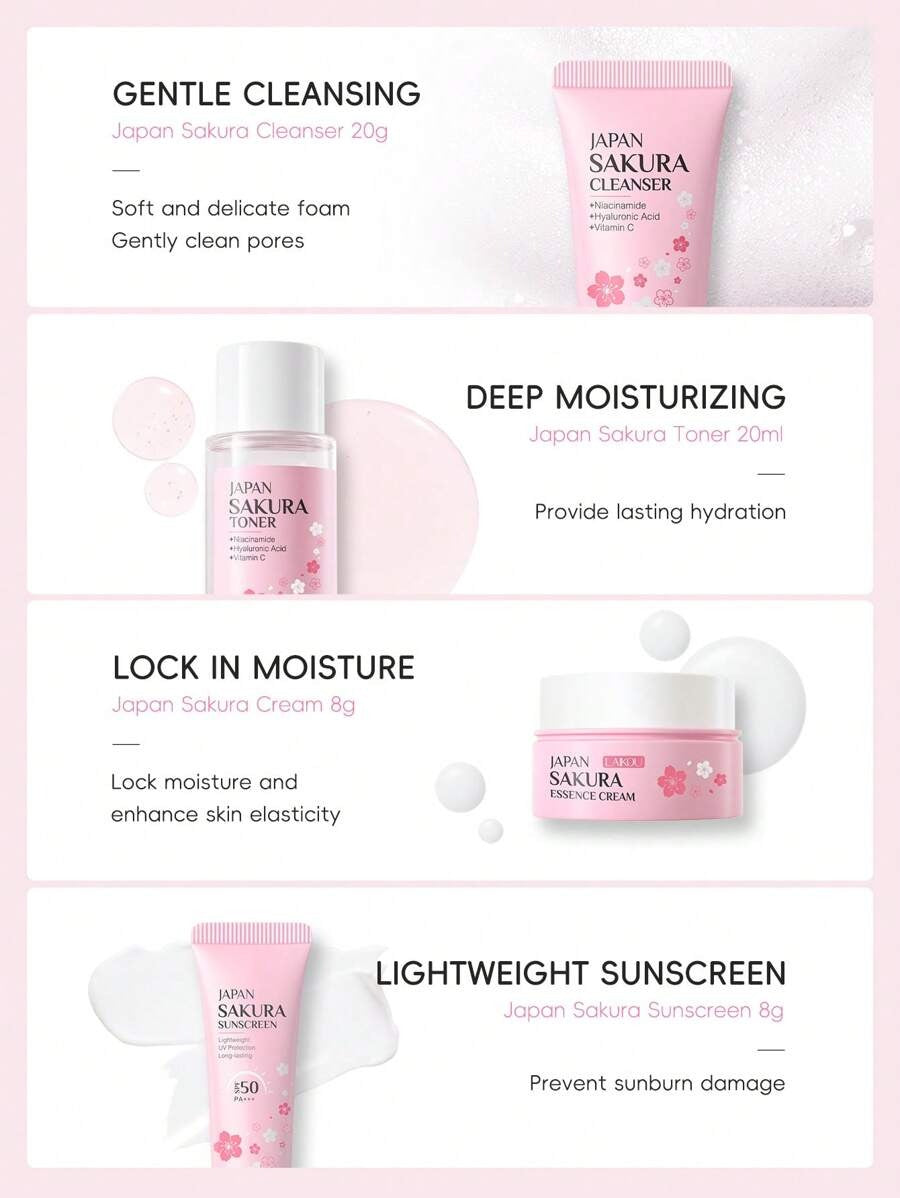 LAIKOU مجموعة عناية بالبشرة 4 قطع بزهر الكرز تشمل واقي شمس وكريم ومنظف