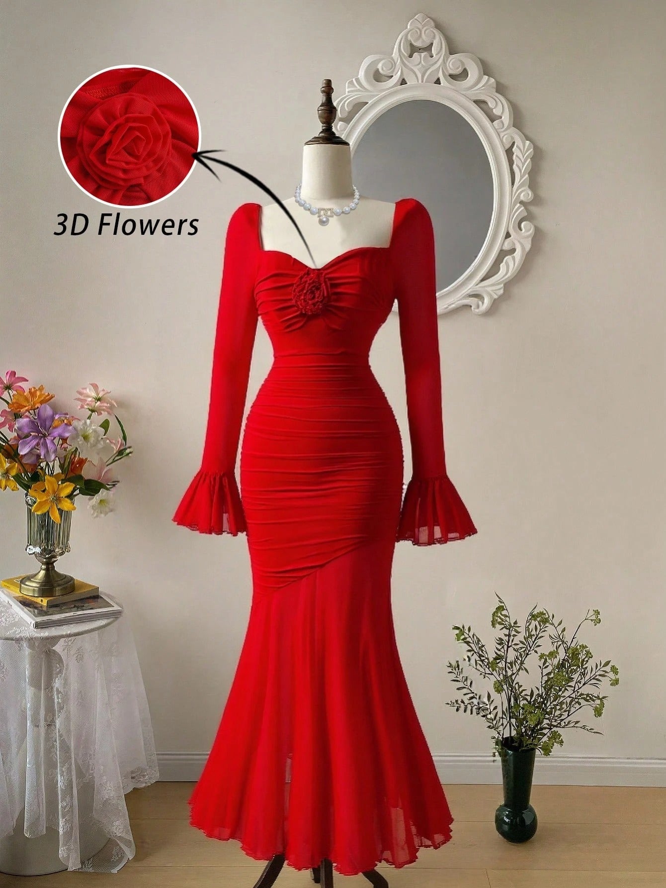 SHEIN MOD فستان أحمر كبير الحجم بأكمام جرس وتصميم ذيل السمكة