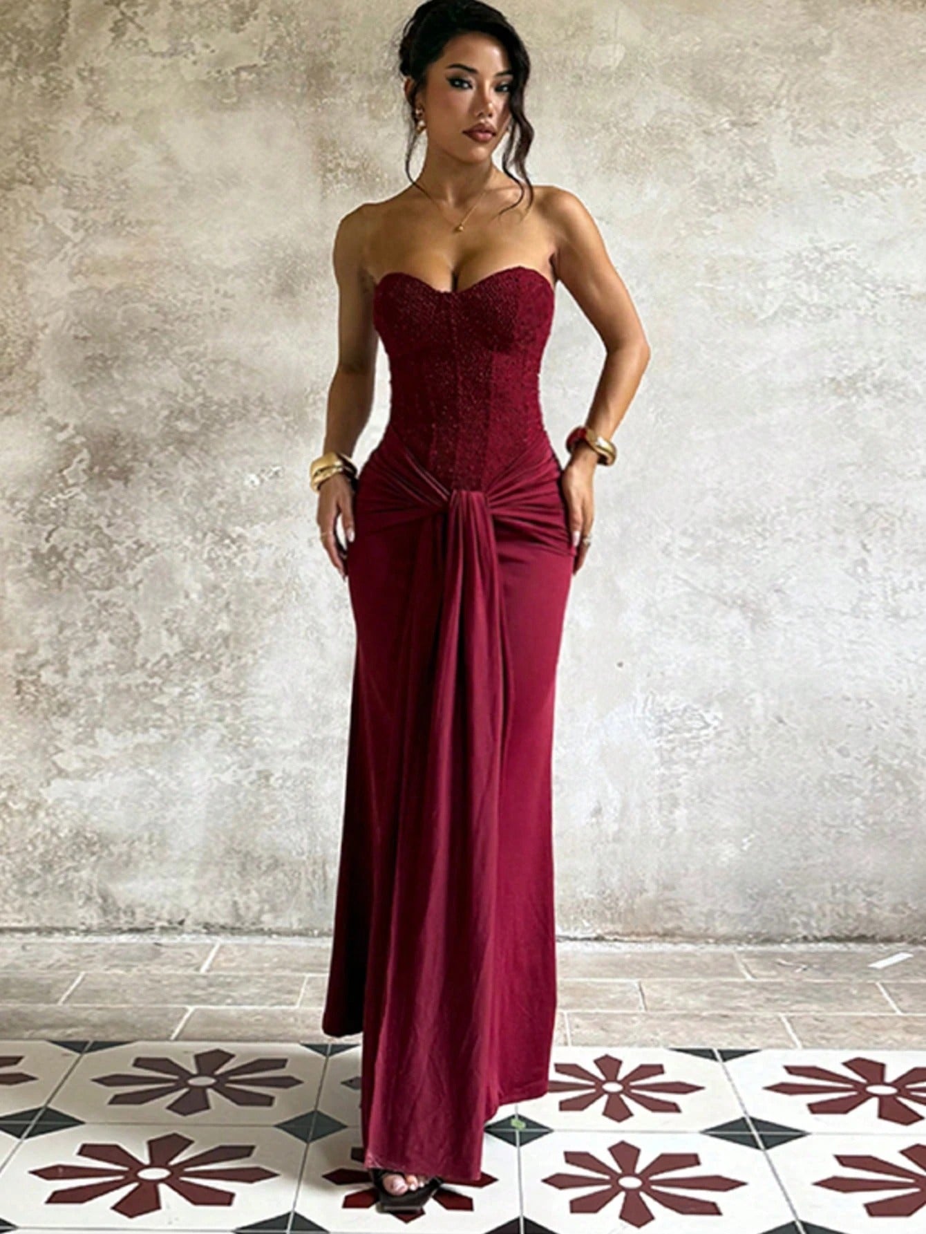 SHEIN فستان عنابي أنيق بسحاب خلفي من قماش محبوك ملون