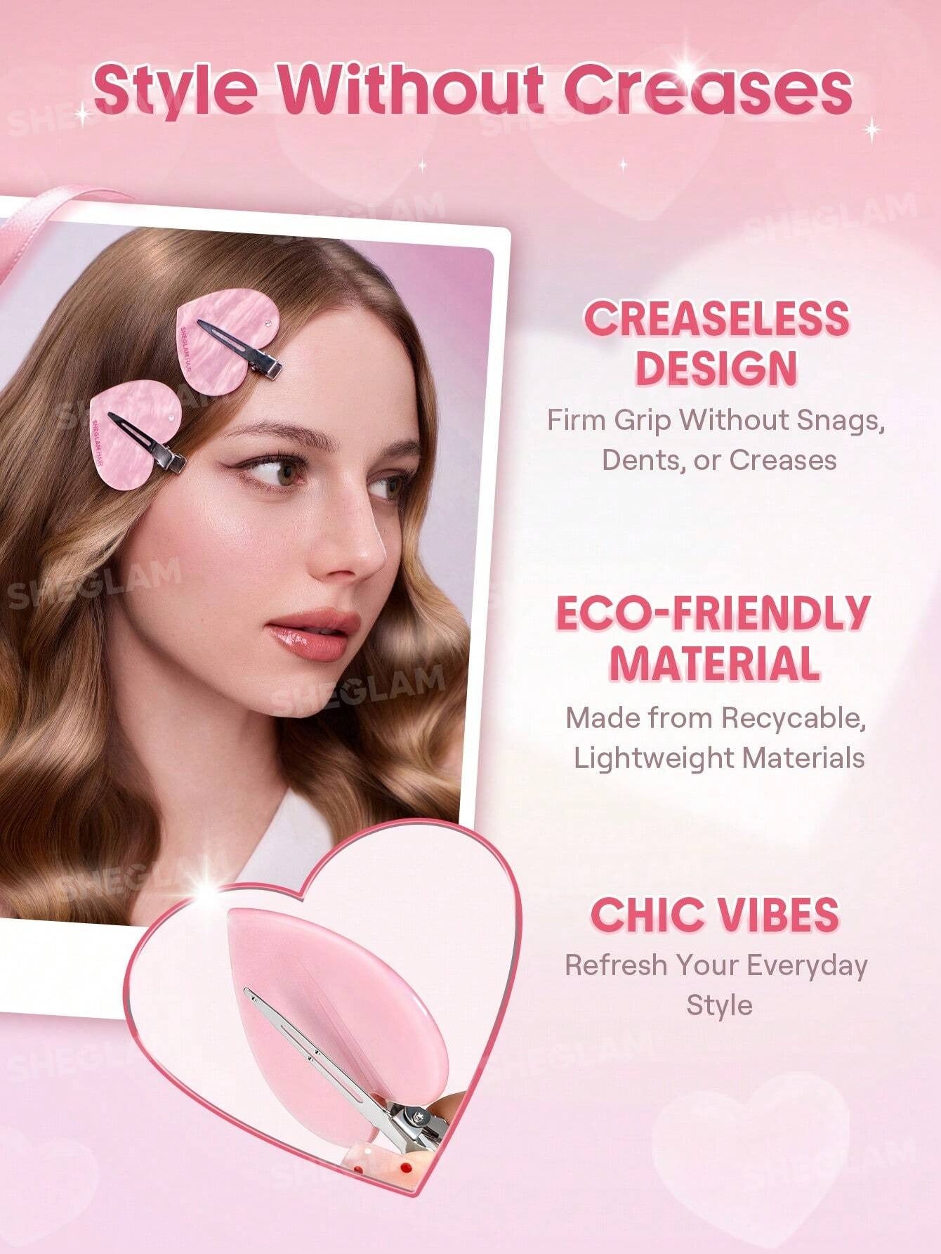 SHEGLAM HAIR مشبك شعر كريستالي وردي لتثبيت أنيق دون تشابك
