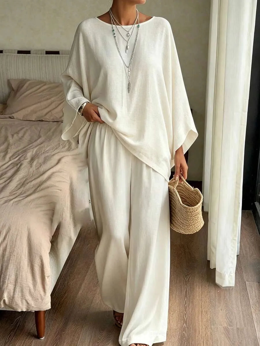 SHEIN DAZY طقم نسائي فضفاض وأنيق من قطعتين بلون أبيض متدفق