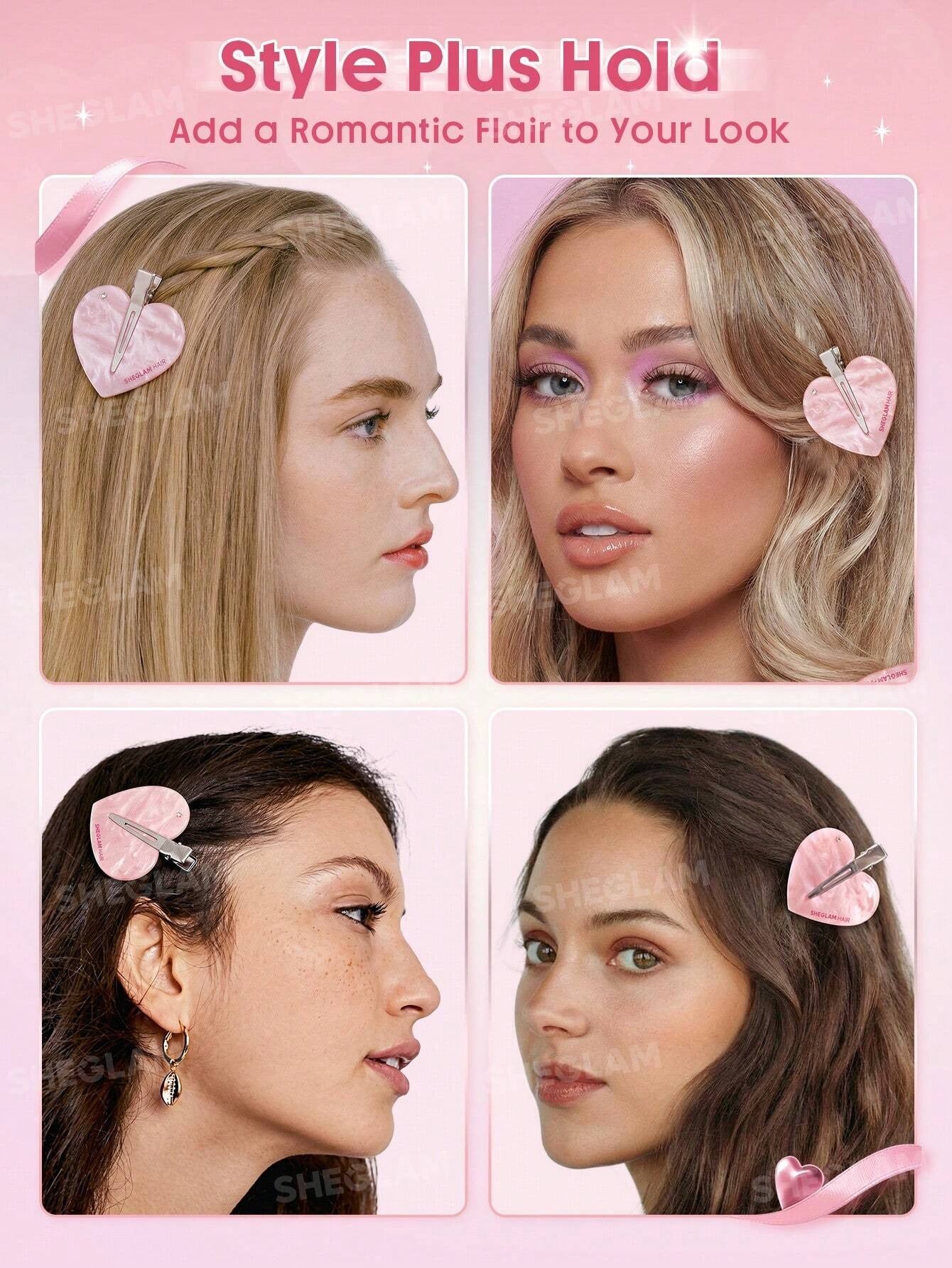 SHEGLAM HAIR مشبك شعر كريستالي وردي لتثبيت أنيق دون تشابك