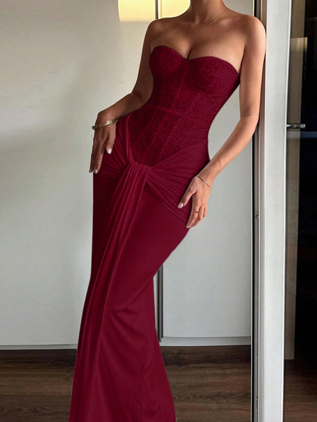 SHEIN فستان عنابي أنيق بسحاب خلفي من قماش محبوك ملون