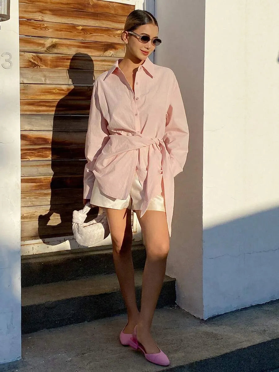 SHEIN X GALILEA Livesso بلوزة نسائية وردية أنيقة بحزام خصر وأكمام طويلة