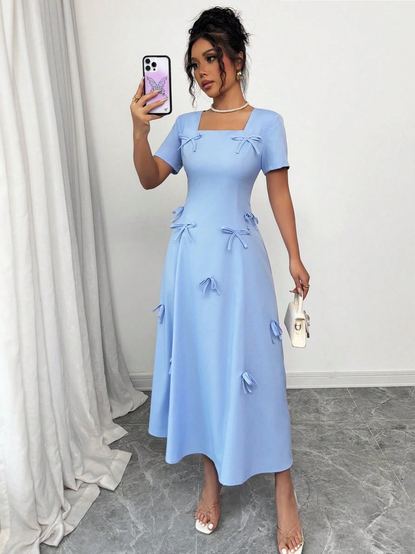 SHEIN Rafferiza فستان ماكسي أنيق بأكمام قصيرة وياقة مربعة وزخرفة فيونكة زرقاء