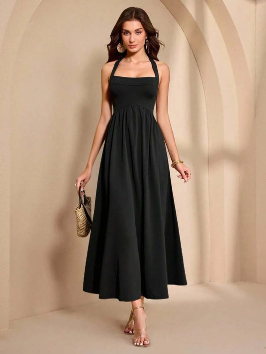 SHEIN Almamuse فستان أنيق بربطة خصر لون أسود