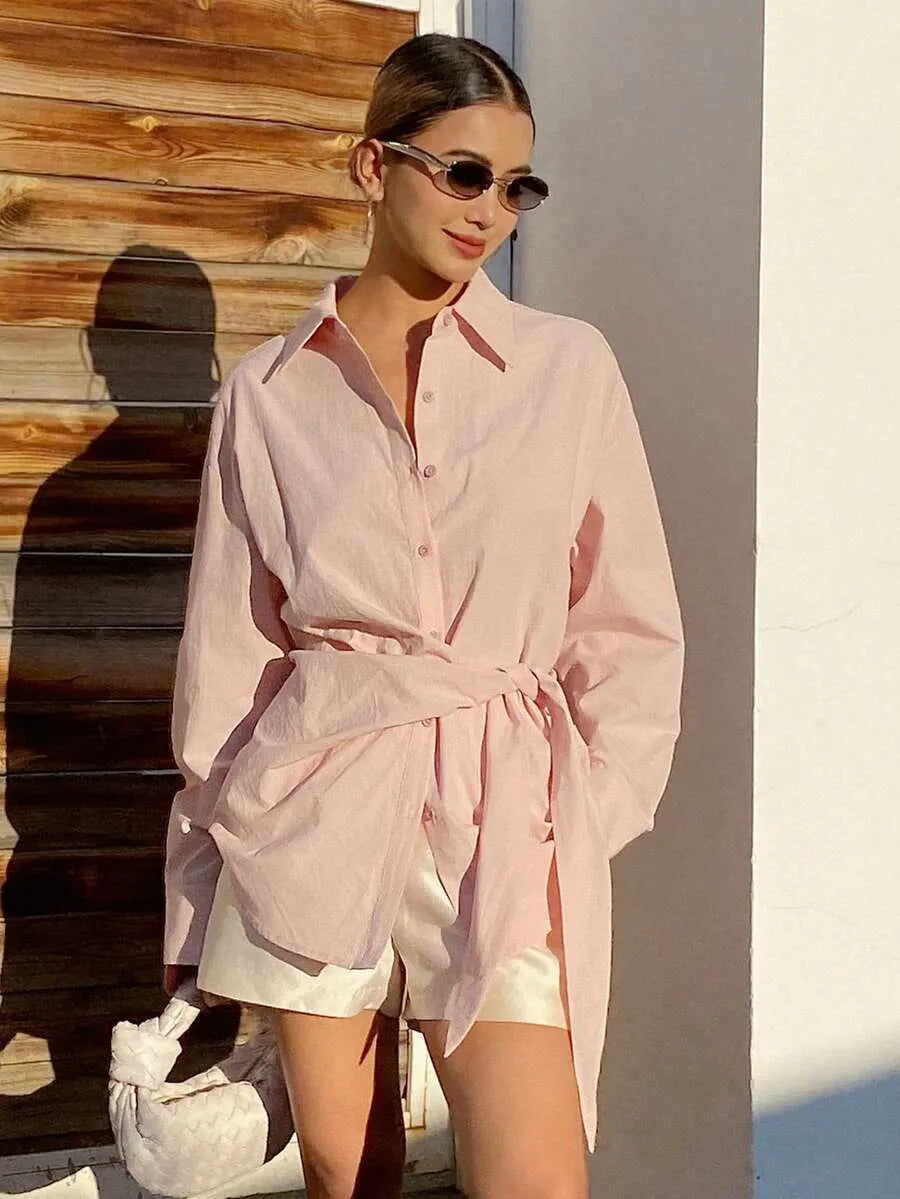 SHEIN X GALILEA Livesso بلوزة نسائية وردية أنيقة بحزام خصر وأكمام طويلة