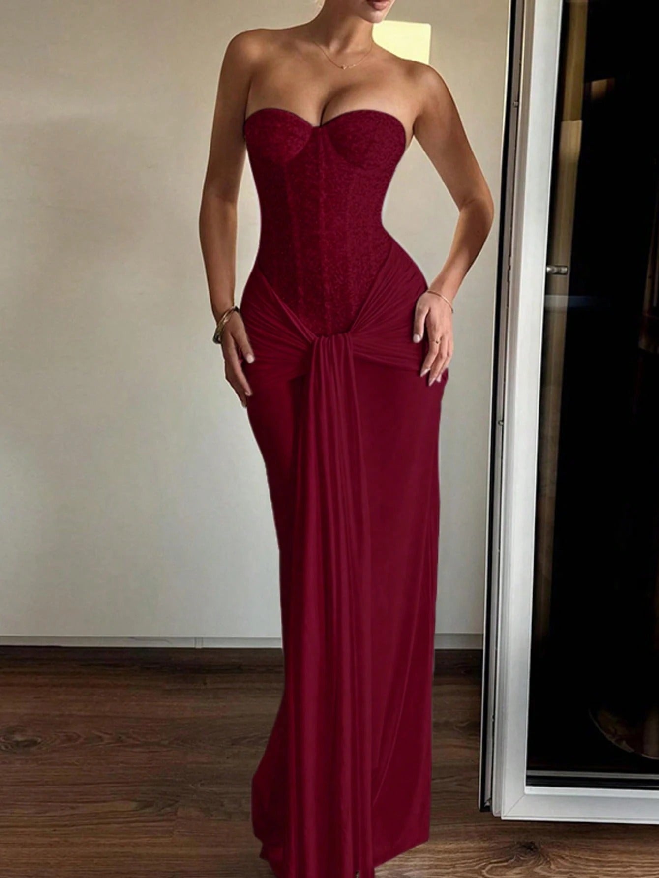 SHEIN فستان عنابي أنيق بسحاب خلفي من قماش محبوك ملون