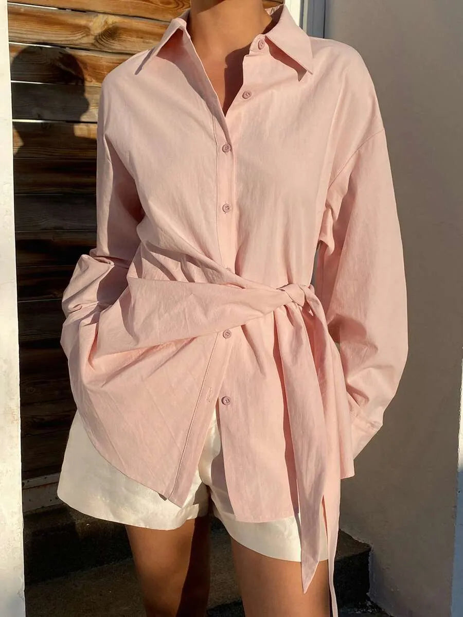 SHEIN X GALILEA Livesso بلوزة نسائية وردية أنيقة بحزام خصر وأكمام طويلة