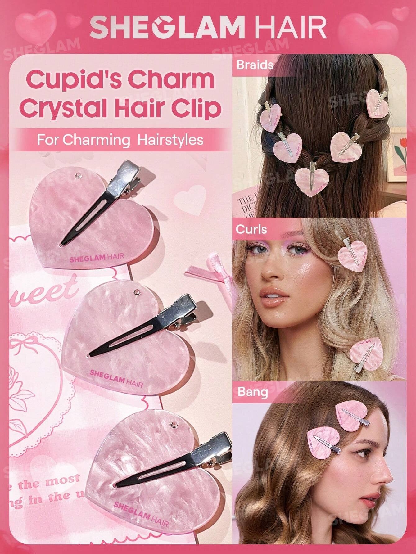 SHEGLAM HAIR مشبك شعر كريستالي وردي لتثبيت أنيق دون تشابك