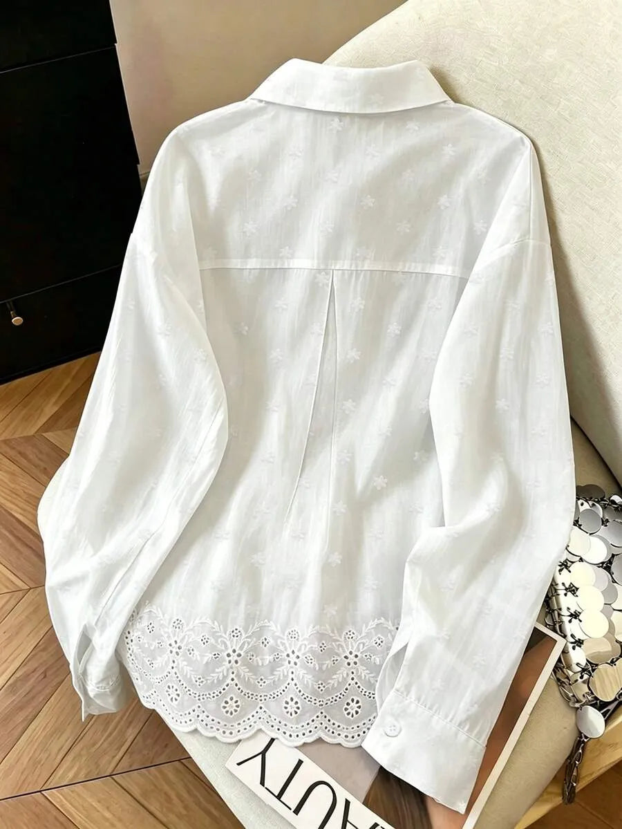 SHEIN Franclia بلوزة قطنية فضفاضة مطرزة بلون أحادي للنساء