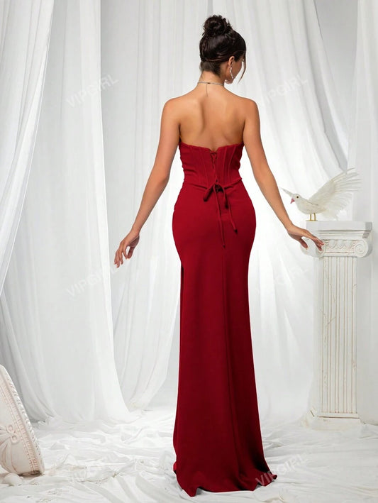 SHEIN VIPGIRL فستان أحمر طويل بدون حمالات