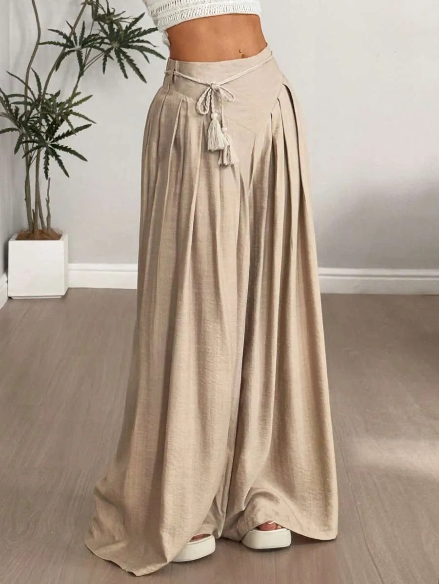 SHEIN Flirla بنطال نسائي واسع بلون كاكي بشراريب