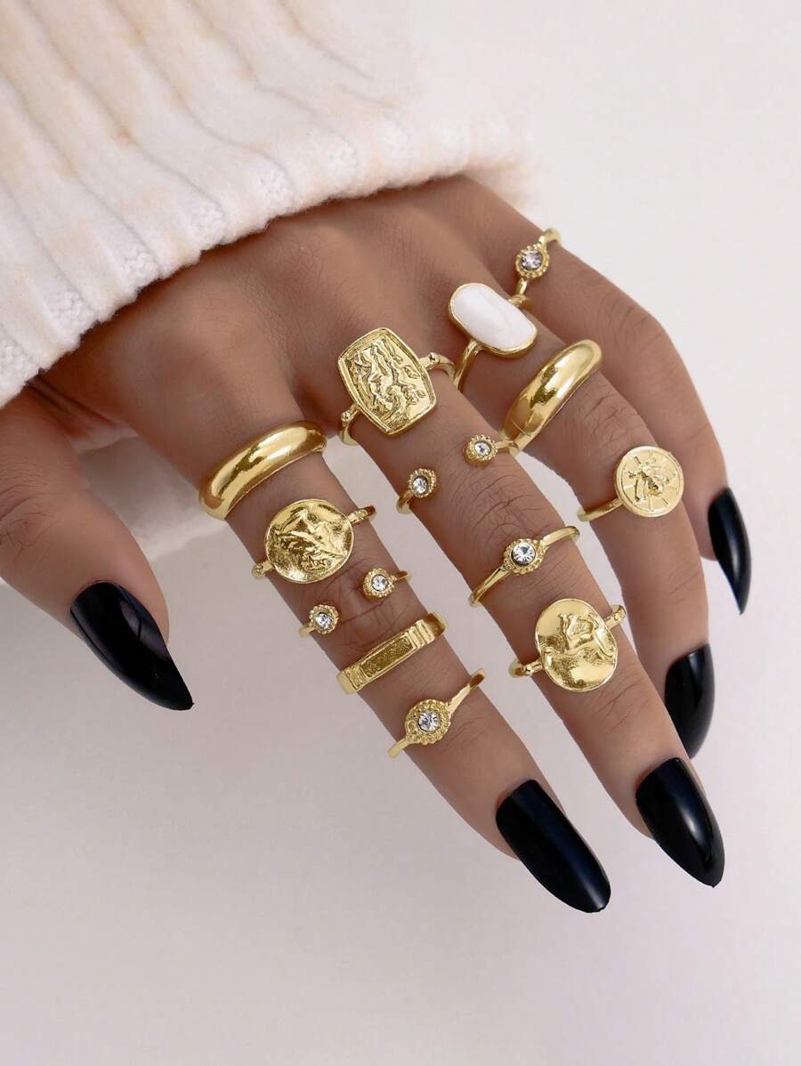 SHEIN طقم 13 خاتم ذهبي بتصميم راين ومجوف كلاسي