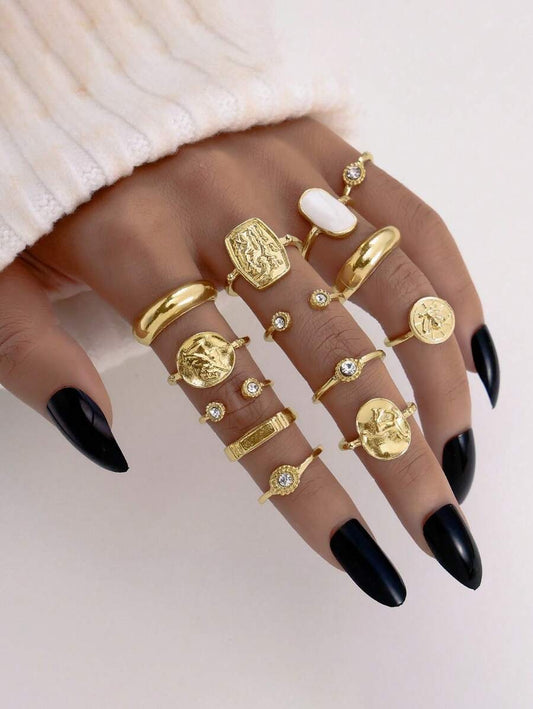 SHEIN طقم 13 خاتم ذهبي بتصميم راين ومجوف كلاسي