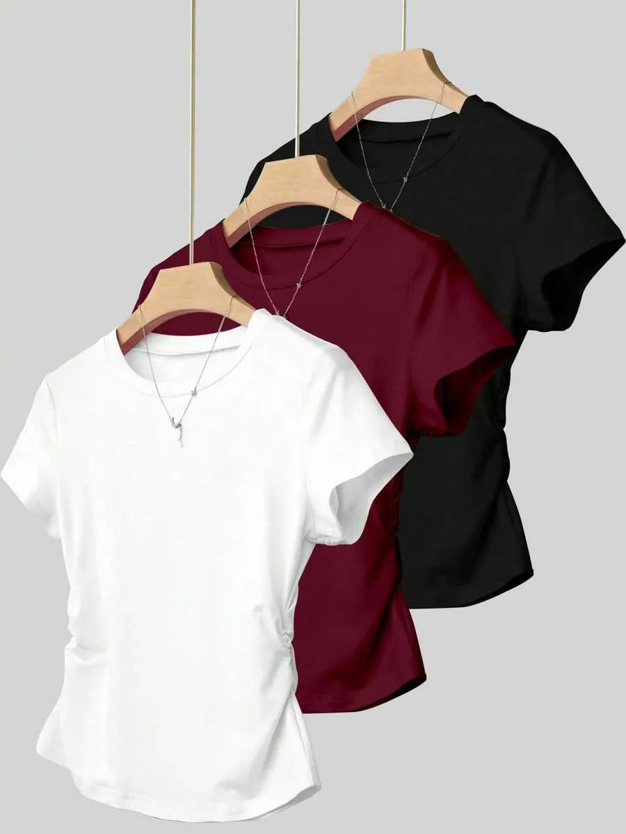 SHEIN INAWLY طقم 3 قطع تي شيرت نسائي بأكمام قصيرة وتصميم خصر متعدد الألوان