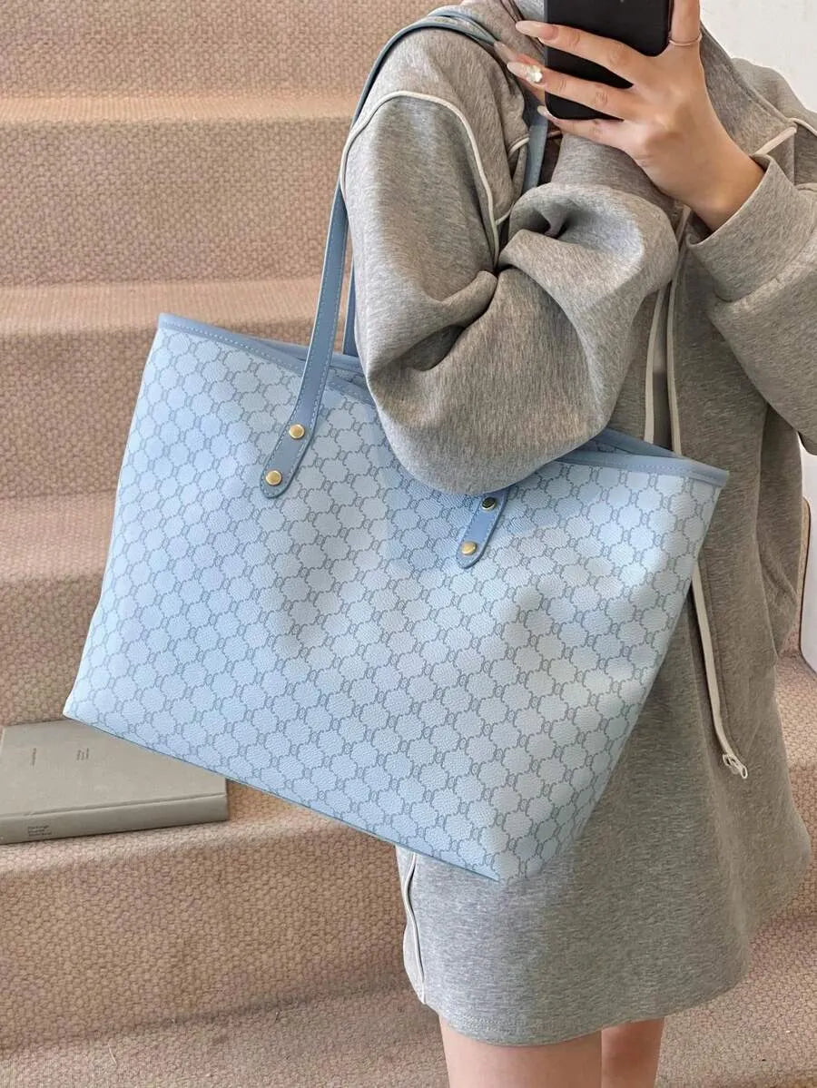 SHEIN SHIMEINI حقيبة تسوق وطالب كبيرة السعة بتصميم رقعي موضة أوروبية وأمريكية