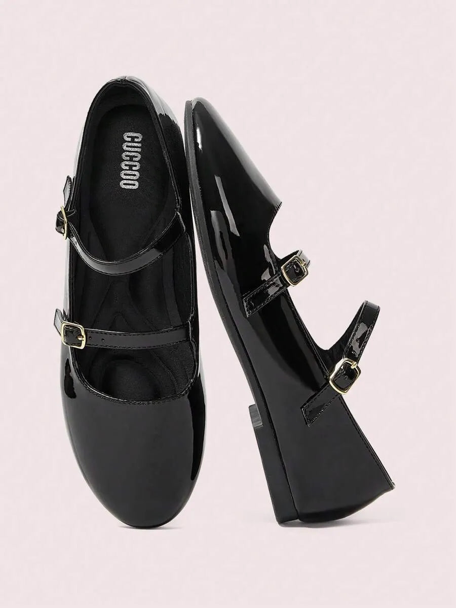 SHEIN CUCCOO DOLLMOD أحذية نسائية مسطحة ماري جين سوداء بحزامين