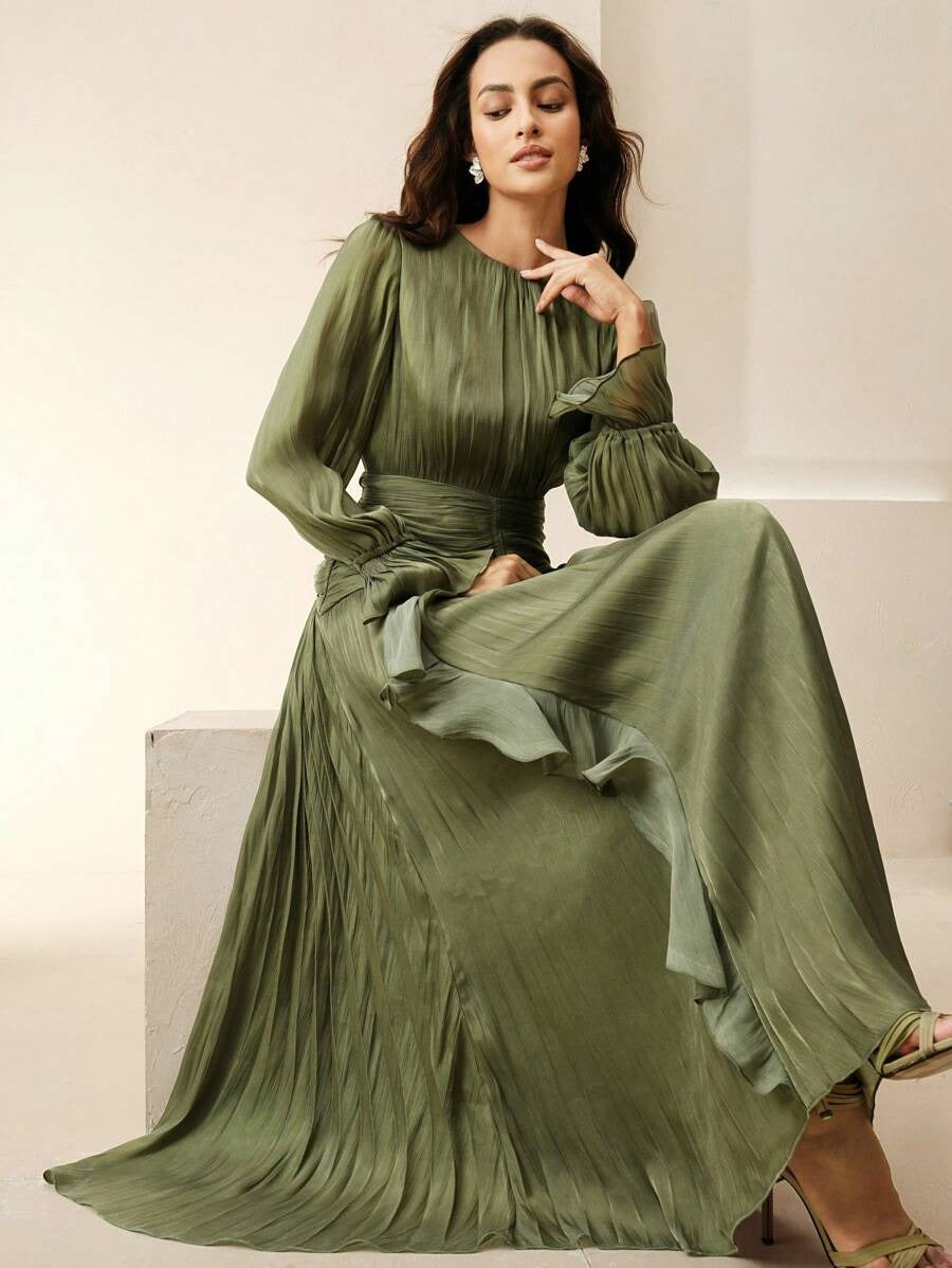 SHEIN Anewsta فستان أخضر زيتوني لامع بكشكش وخصر مجعّد