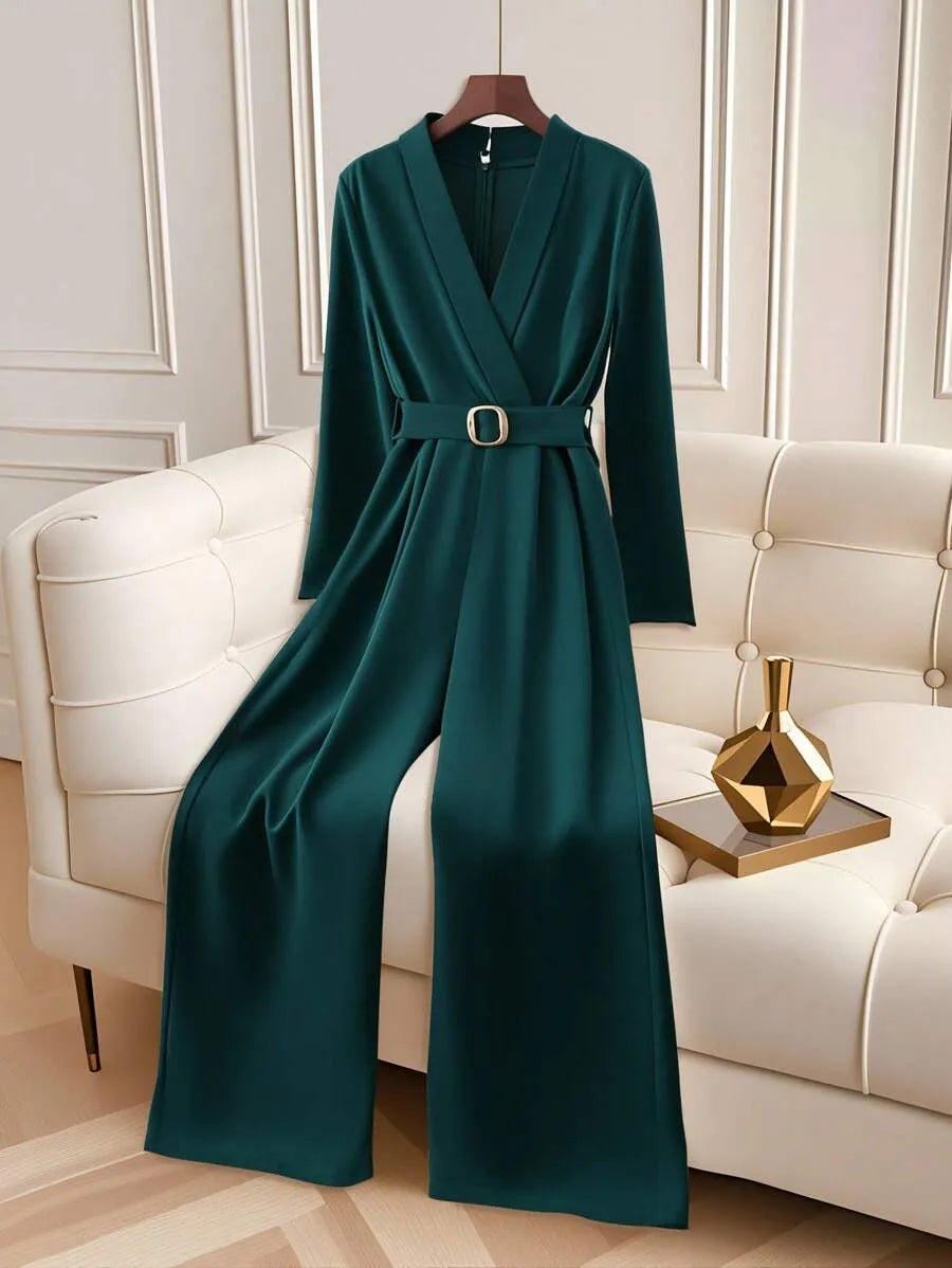 SHEIN GlowEve جمبسوت نسائي بخصر عالٍ وحزام وساق واسعة بجيوب بلون أخضر داكن