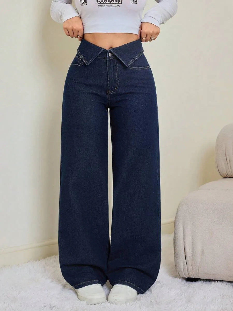 SHEIN Tall بنطلون جينز واسع الساق بخصر عالٍ بلون أزرق داكن