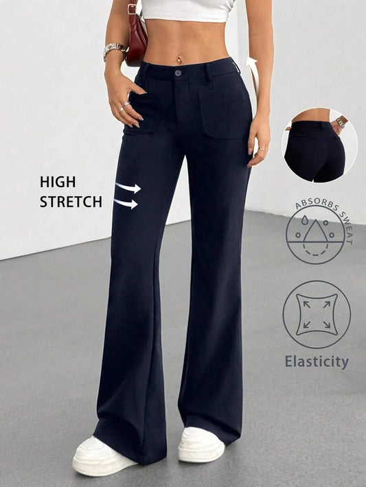 SHEIN Flirla بنطال نسائي أنيق واسع بخصر منخفض بلون أزرق بحري