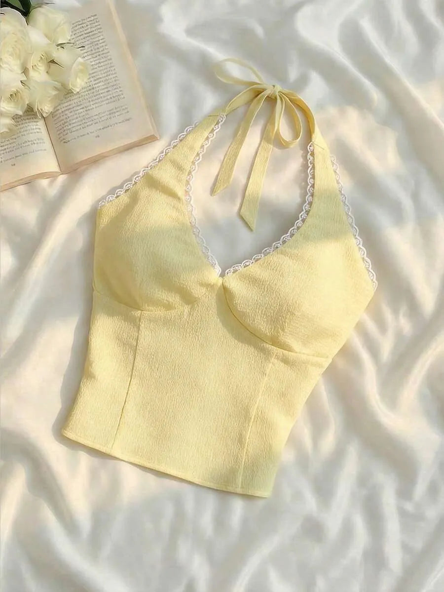 SHEIN MOD توب نسائي بدون أكمام برقبة هالتر ورباط خلفي بلون أصفر