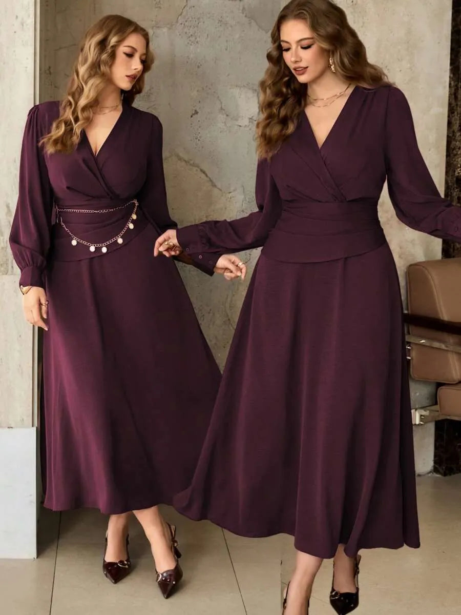 SHEIN Roveilla فستان نسائي بياقة وخصر مكشكش بلون كستنائي