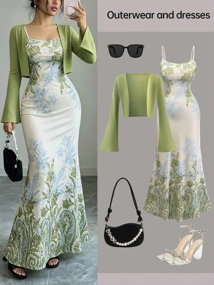 SHEIN طقم كارديجان محبوك مع فستان ضيق بطبعة زهور بلون متعدد الألوان