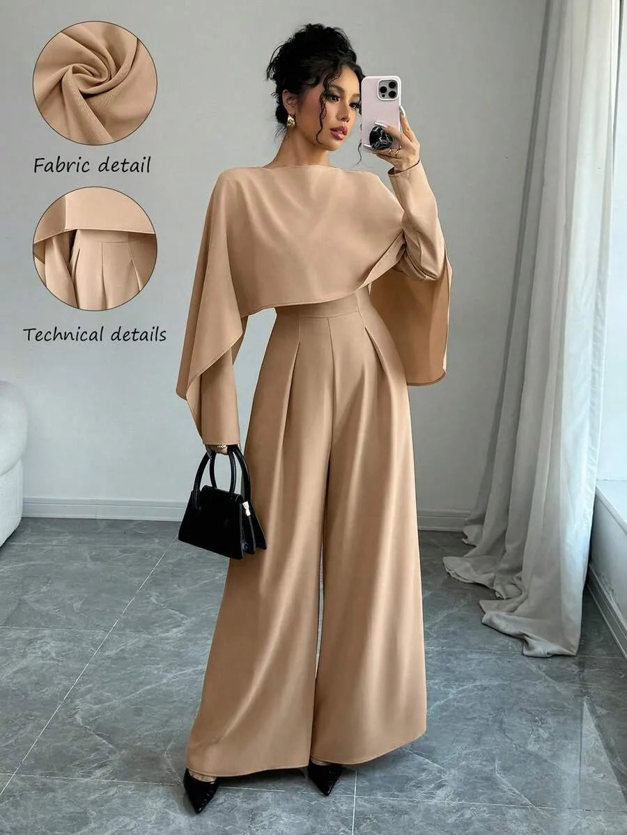 SHEIN Elenzga جمبسوت نسائي بياقة قارب وأكمام واسعة وخصر مجعد بلون مشمشي