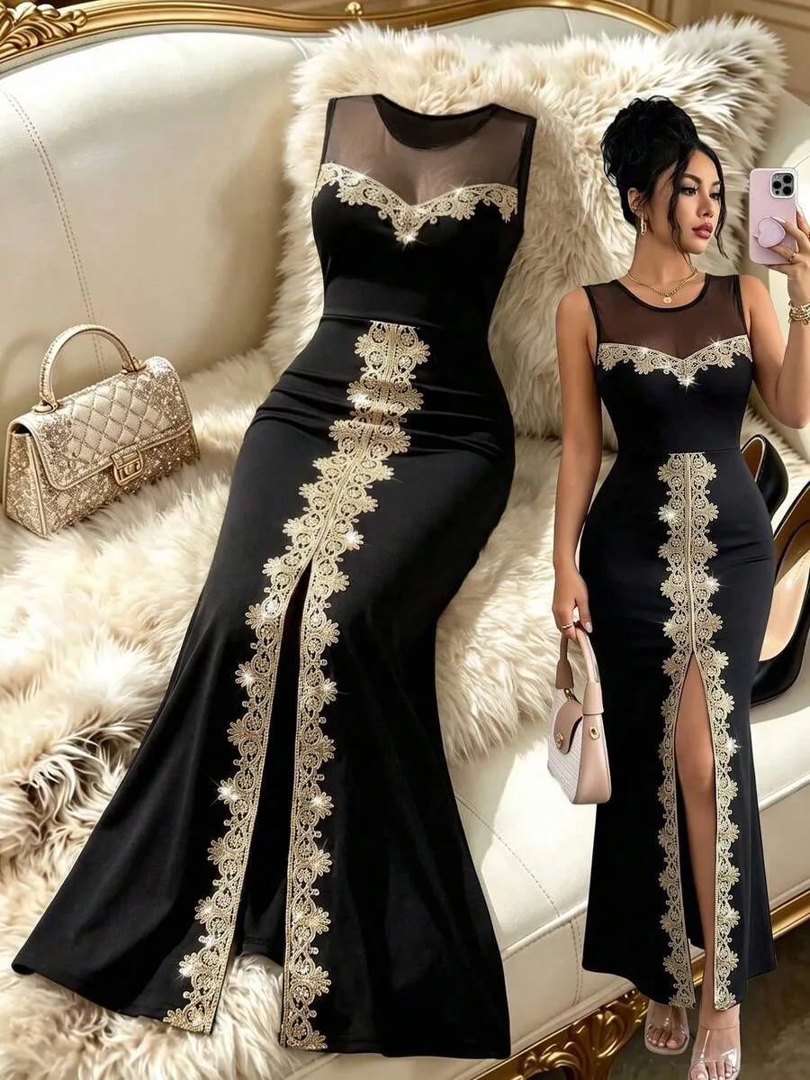 SHEIN Elenzga فستان ماكسي بدون أكمام بياقة دائرية وخصر مرتفع وكشكش بلون الأسود