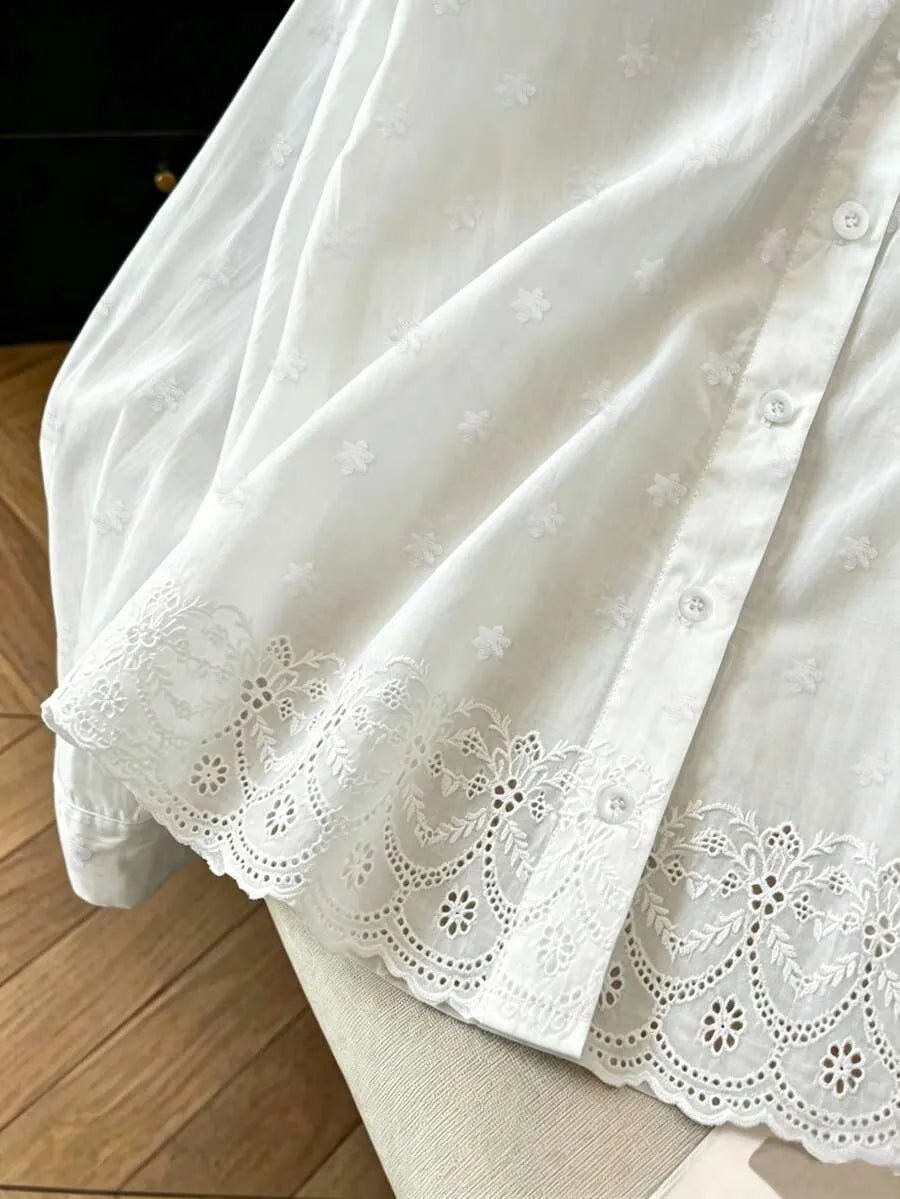 SHEIN Franclia بلوزة قطنية فضفاضة مطرزة بلون أحادي للنساء