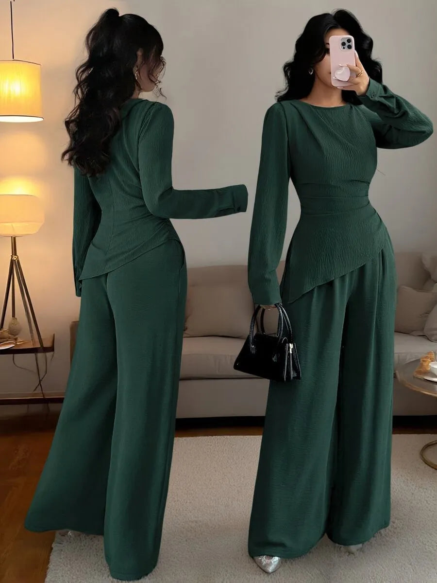 SHEIN Raffinéa طقم نسائي قطعتين تي شيرت بأزرار وبنطال طويل بلون أخضر داكن