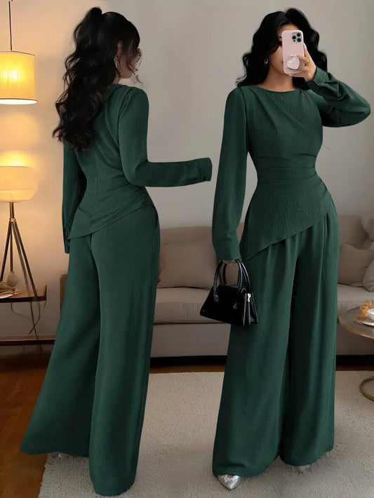SHEIN Raffinéa طقم نسائي قطعتين تي شيرت بأزرار وبنطال طويل بلون أخضر داكن