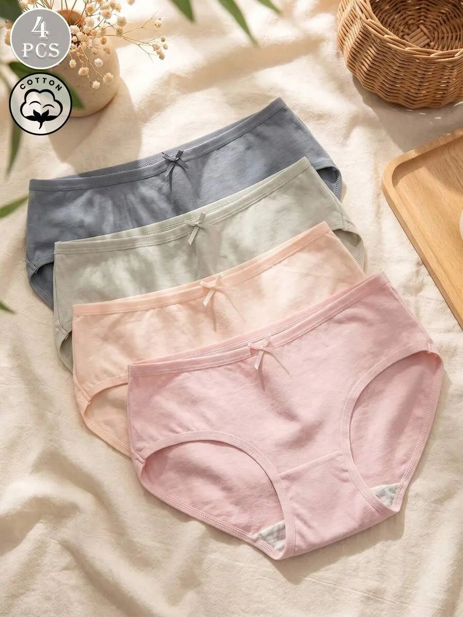 SHEIN سراويل داخلية نسائية من 4 قطع بخصر متوسط مزينة بفيونكة متعدد الألوان