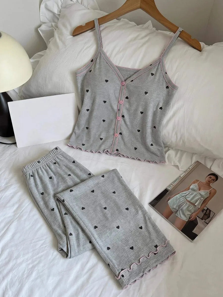 SHEIN MOD طقم بيجامة نسائي من قطعتين بتوب بحمالات رفيعة ورباط خلفي وبنطال بلون رمادي