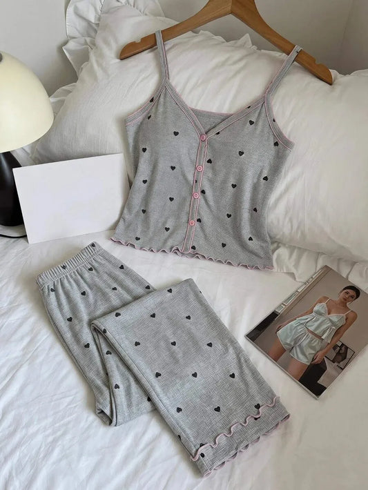SHEIN MOD طقم بيجامة نسائي من قطعتين بتوب بحمالات رفيعة ورباط خلفي وبنطال بلون رمادي