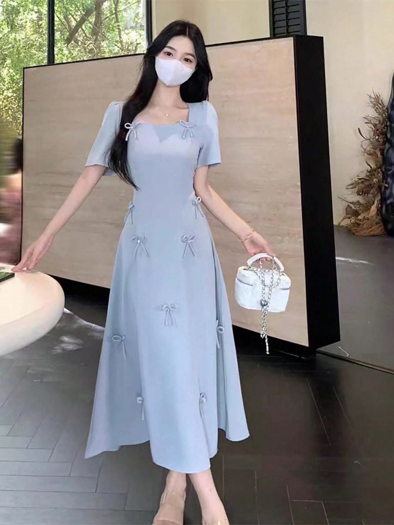 SHEIN Rafferiza فستان ماكسي أنيق بأكمام قصيرة وياقة مربعة وزخرفة فيونكة زرقاء