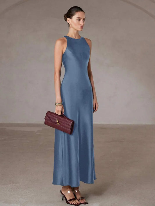 SHEIN Aveloria Modichic فستان أزرق طويل أسيمتري ساتان أسيتات بدون أكمام
