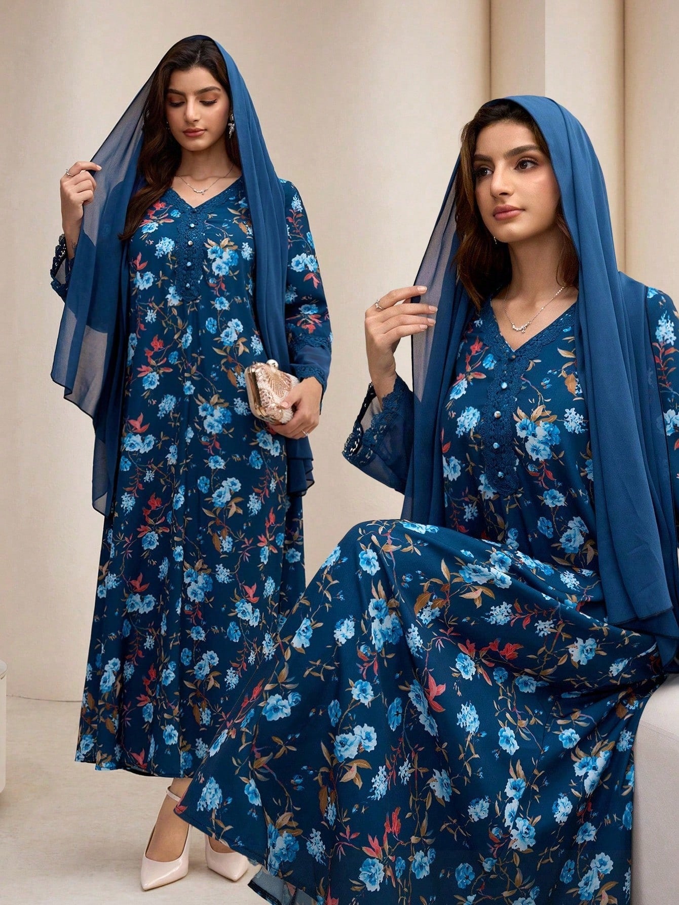 SHEIN Yasmyna  Vفستان شيفون بياقة بطبعة زهرية مع وشاح